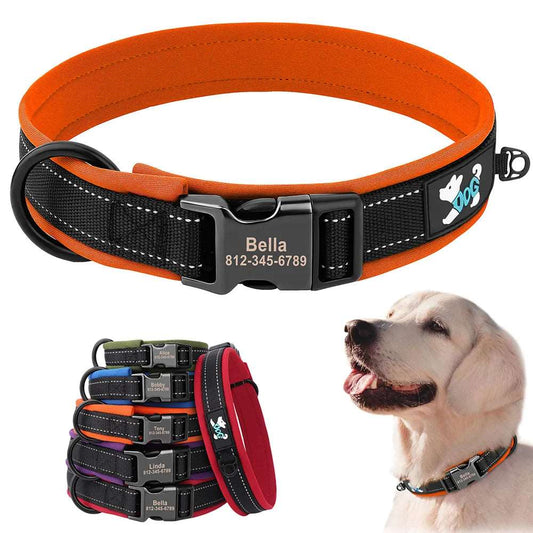 Personalized reflective adjustable dog collar with padded comfort and free engraved ID tag - IHavePaws