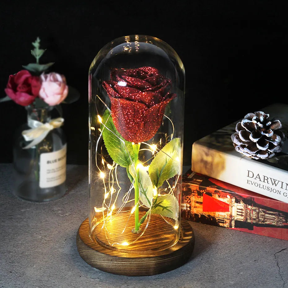 LED "Beauty And The Beast" Enchanted Rose In Glass - Best Romantic Gifts Glam Red - IHavePaws