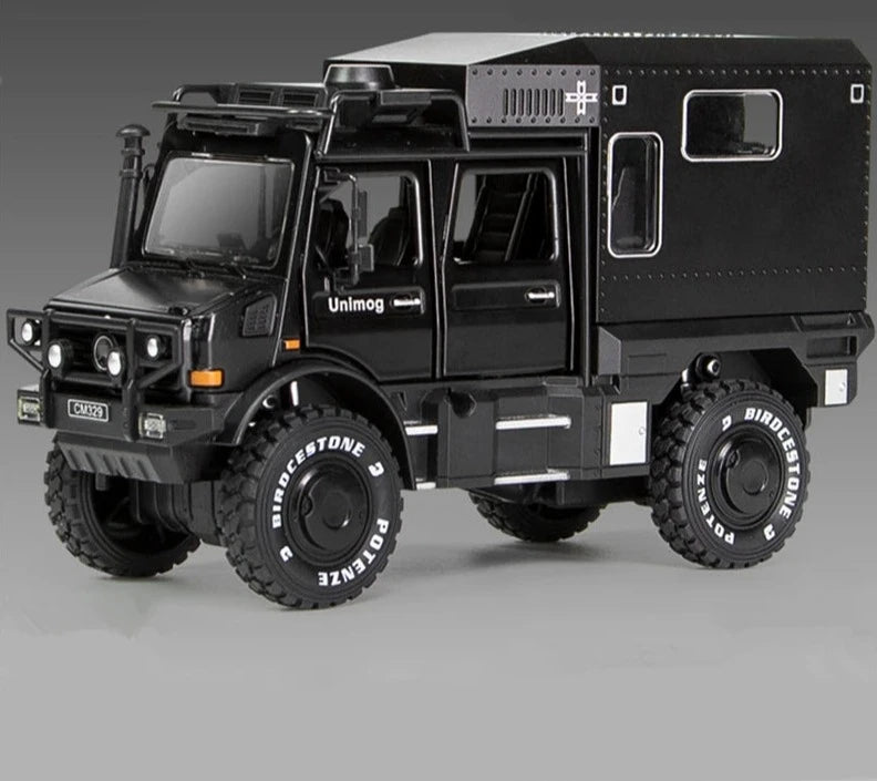 1/28 UNIMOG U4000 Motorhome Alloy Cross-country Touring Car Model Diecasts Toy Off-road Vehicles Car Model Simulation Kids Gifts Black - IHavePaws