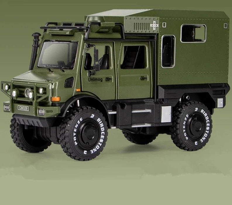 1/28 UNIMOG U4000 Motorhome Alloy Cross-country Touring Car Model Diecasts Toy Off-road Vehicles Car Model Simulation Kids Gifts Green - IHavePaws