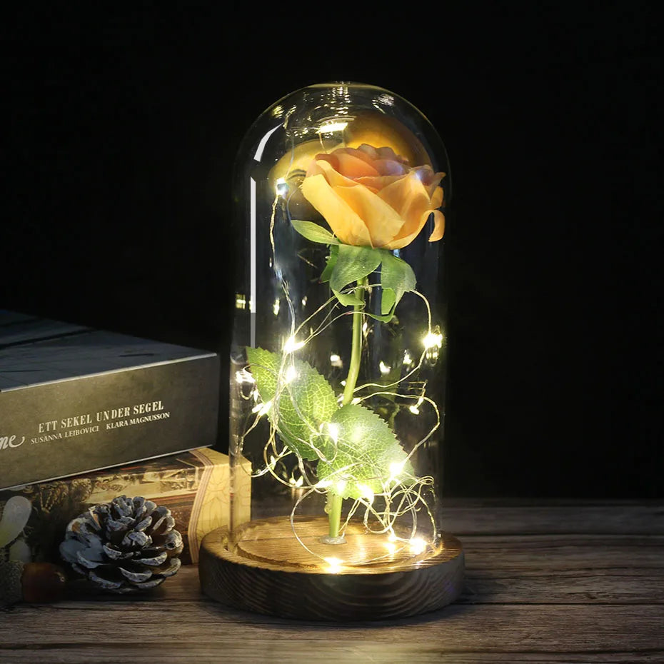 LED "Beauty And The Beast" Enchanted Rose In Glass - Best Romantic Gifts Deep Yellow - IHavePaws