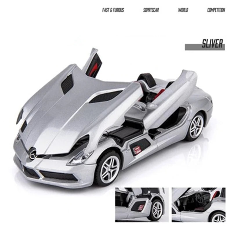 1:32 SLR Roadster Alloy Sports Car Model Diecasts Metal Toy Vehicles Car Model Simulation Sound Light Collection Childrens Gifts Silvery - IHavePaws