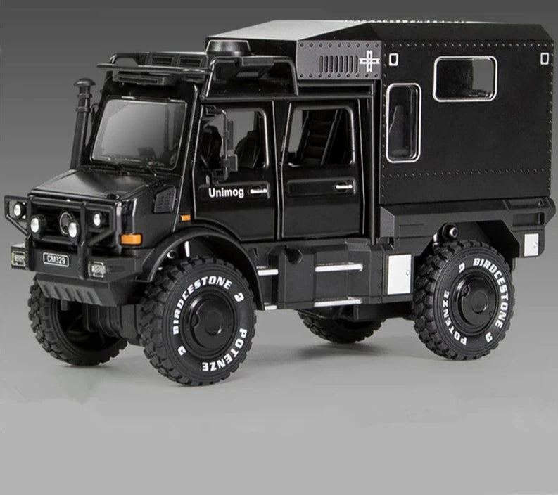 1/28 UNIMOG U4000 Alloy Motorhome Touring Car Model Diecasts Cross-country Off-road Vehicles Model Simulation Childrens Toy Gift Black - IHavePaws