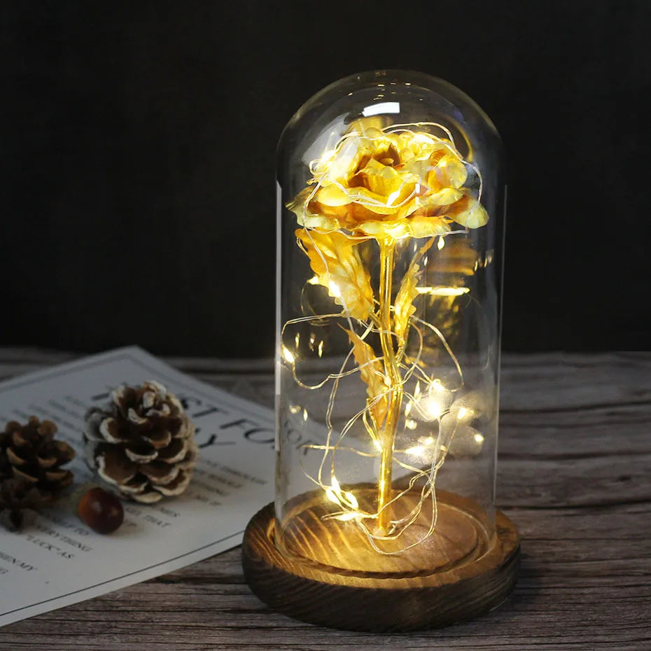 LED "Beauty And The Beast" Enchanted Rose In Glass - Best Romantic Gifts Deep Gold - IHavePaws