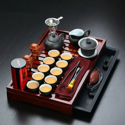 Genuine Yixing Purple Clay Kung Fu Tea Set Solid Wood Tea Tray A / Over Eight-piece Set - IHavePaws