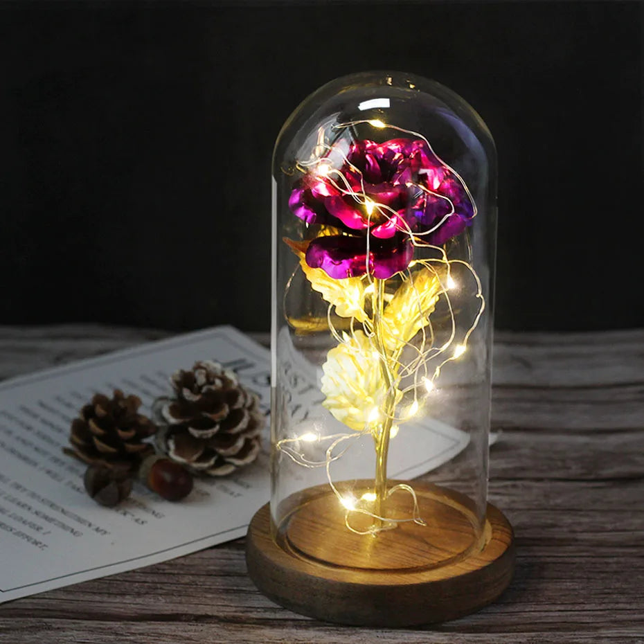 LED "Beauty And The Beast" Enchanted Rose In Glass - Best Romantic Gifts Deep Purple - IHavePaws