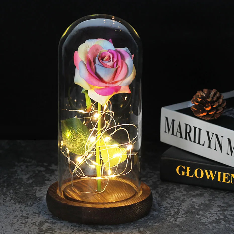 LED "Beauty And The Beast" Enchanted Rose In Glass - Best Romantic Gifts Pink White - IHavePaws