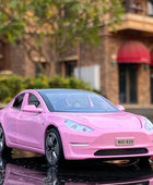 1:32 Tesla Model 3 Alloy Car Model Diecast Metal Vehicle Car Model High Simulation Sound and Light Collection Pink - IHavePaws