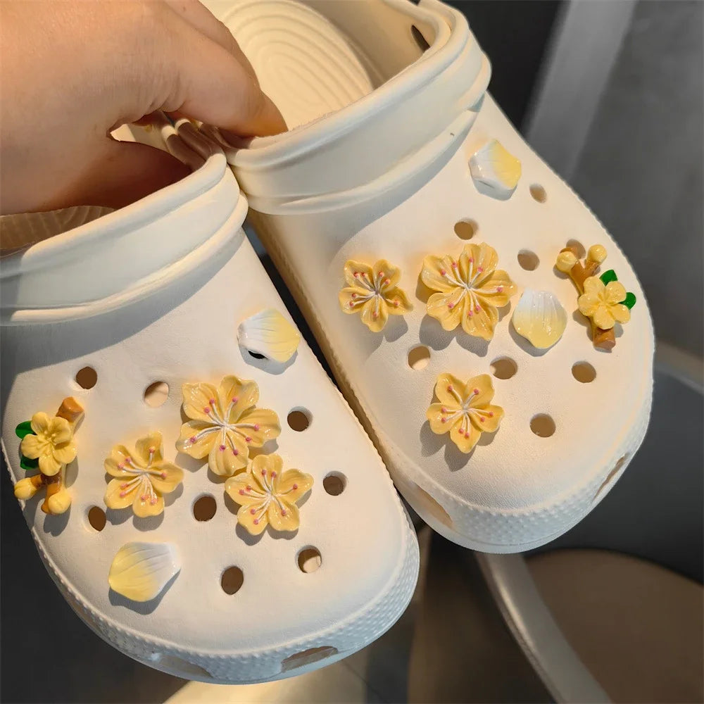 DIY Romantic Cherry Blossom Shoe Charms for Crocs Clogs Slides Sandals Garden Shoes Decorations Charm Set Accessories Kids Gifts Yellow - ihavepaws.com