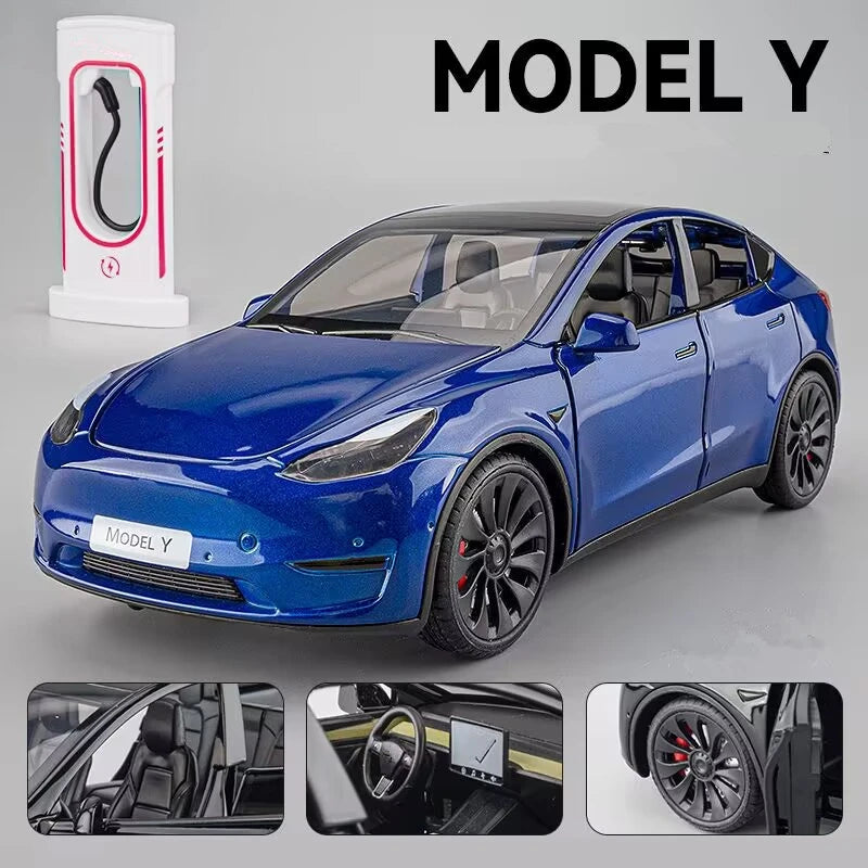 1:24 Tesla Model 3 Model Y Model X Roadster Alloy Car Model Diecast Metal Toy Vehicles Car Model Simulation Sound and Light Model Y blue - IHavePaws