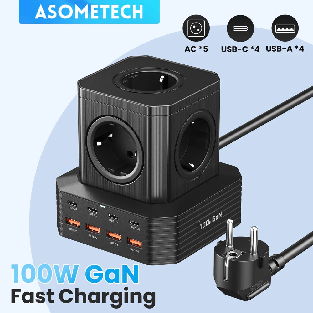100W Fast USB C Charger 4000W Power Strip Tower with 5 AC Outlets / 8 USB-C / A Ports PD PPS QC3.0 Chargers for IPhone Samsung