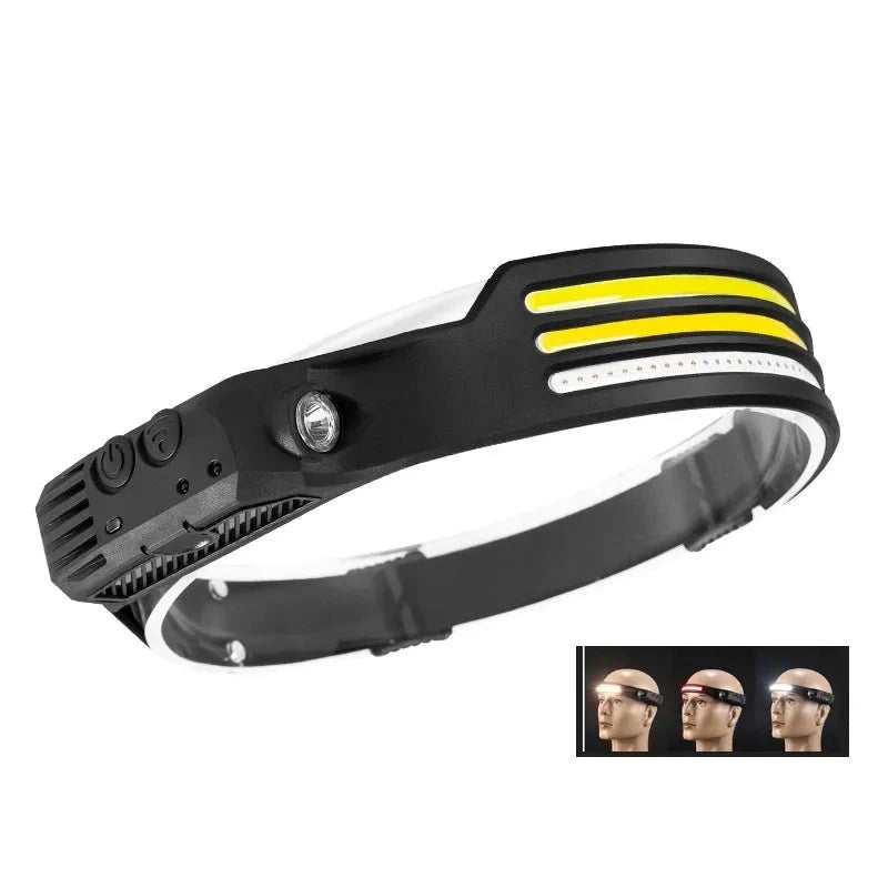 Induction Headlamp COB LED Sensor Head Lamp Built-in Battery Flashlight USB Rechargeable Head Torch 5 Lighting Modes Headlight NO3(White-Red-Yell) - IHavePaws