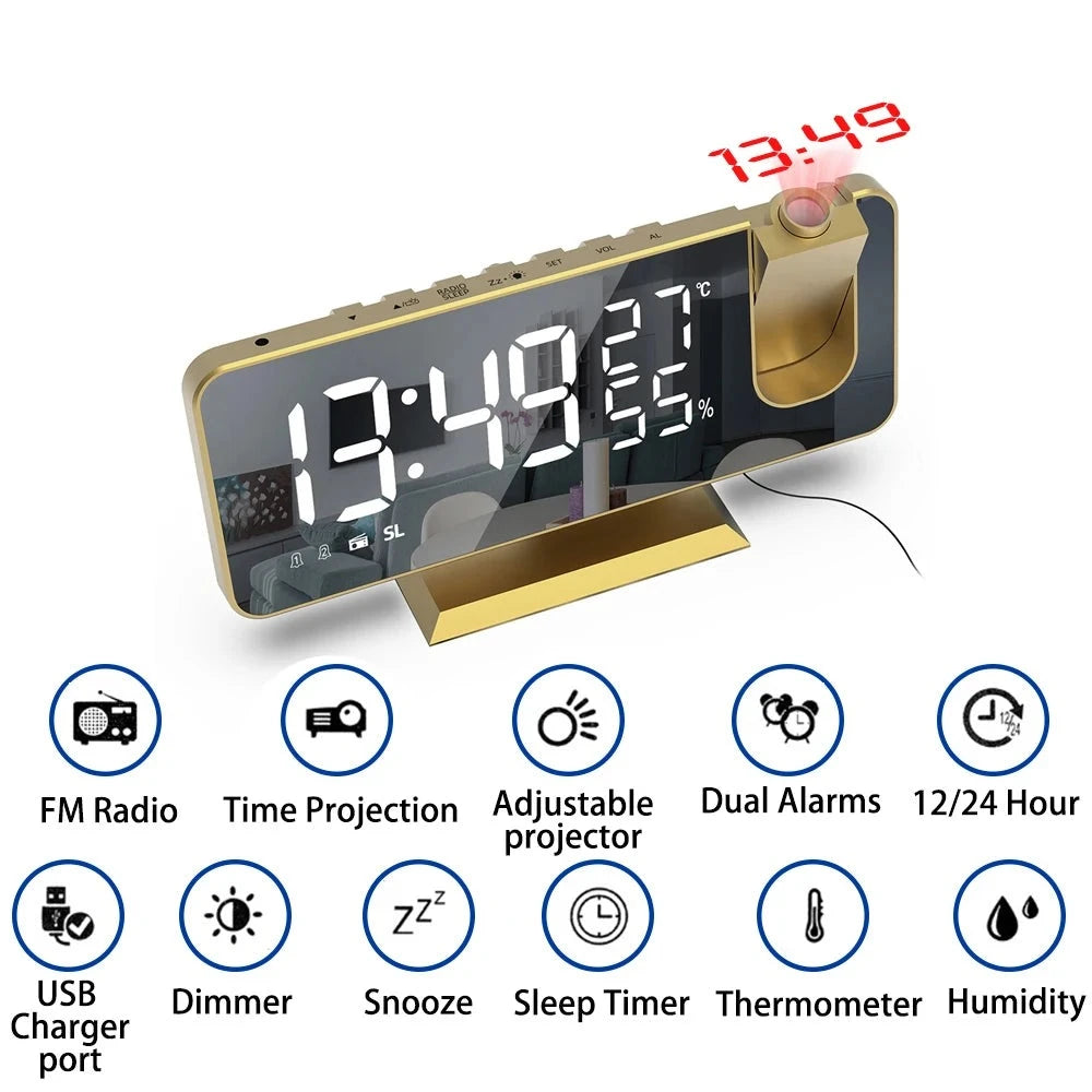 LED Digital Projection Alarm Clock Electronic Alarm Clock with Projection FM Radio (A) White on Gold - IHavePaws
