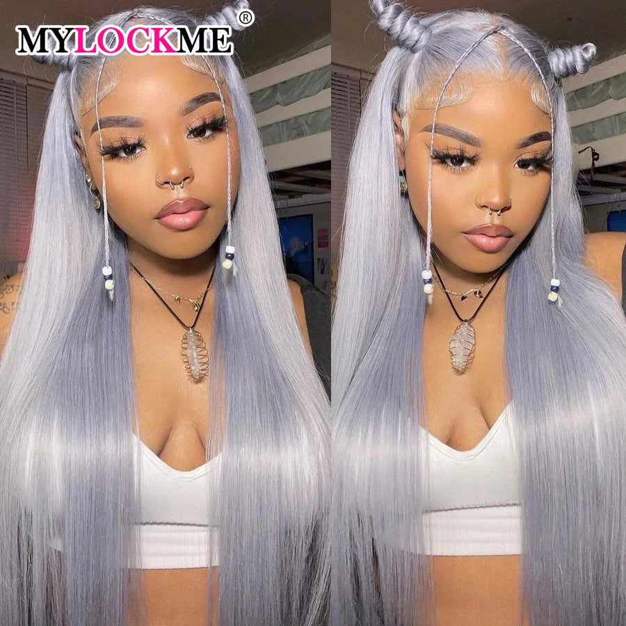 Silver Gray Lace Front Human Hair Wigs Transparent 13x4 Lace Straight Lace Frontal Wig For Wome Remy Wig MYLOCKME