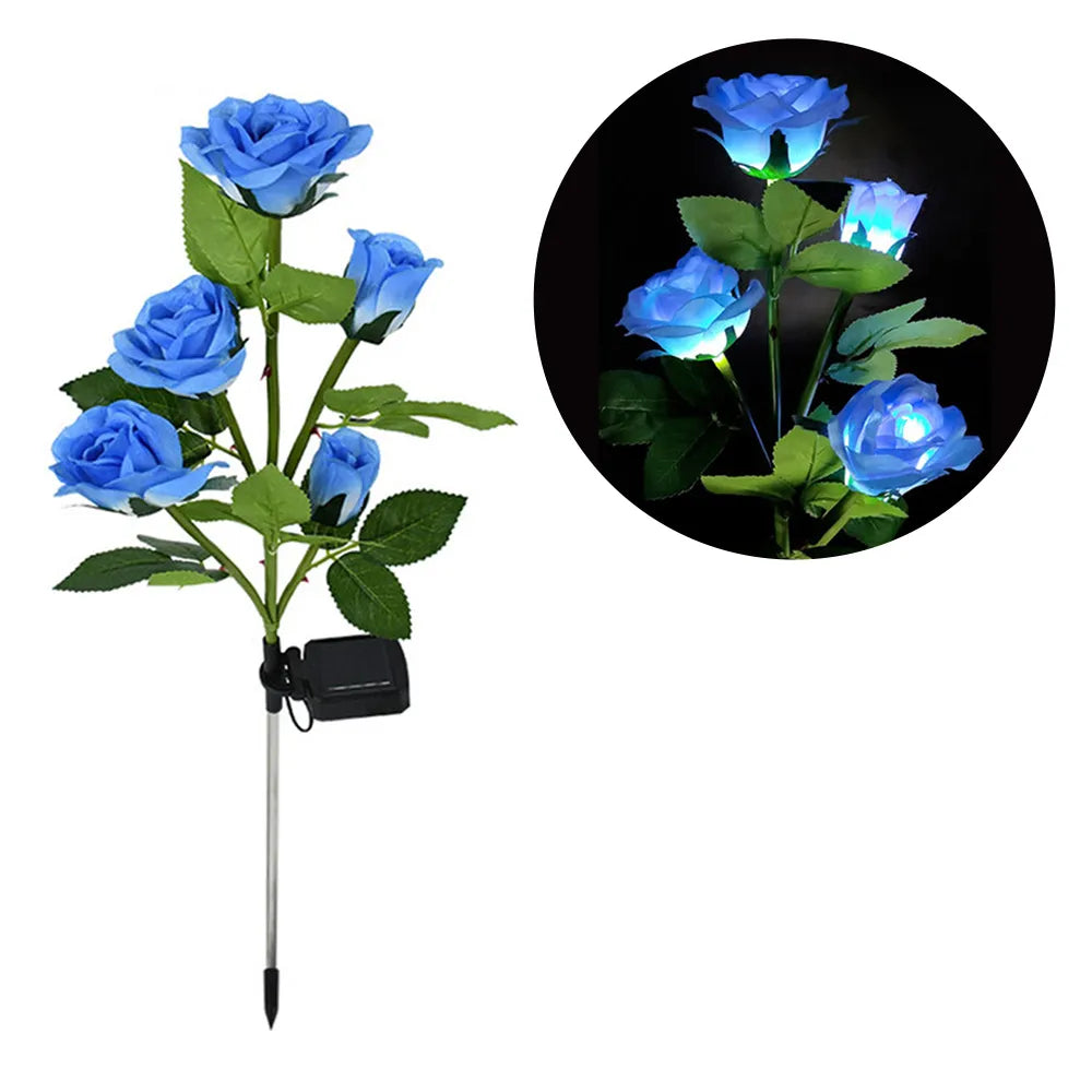 5 Heads Solar Lights Outdoor Decorative Solar Garden Lights Rose Flower Blue - IHavePaws