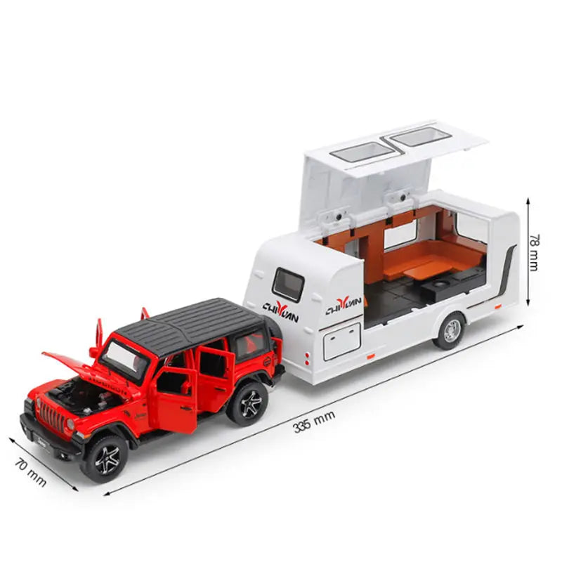 1/32 Alloy Trailer RV Car Model Diecast Metal Recreational Off-road Vehicle Truck Camper Car Model Sound and Light Kids Toy Gift B Red - IHavePaws