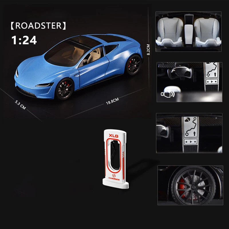 1:24 Tesla Model Y Model 3 Tesla Model S Alloy Die Cast Toy Car Model Sound and Light Roadster Blue - IHavePaws
