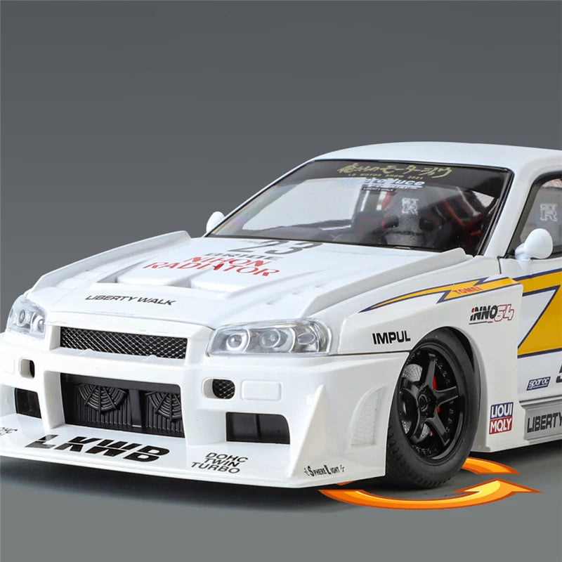1:24 Nissan Skyline Ares GTR R34 Modified Wide Body Alloy Sports Car Model Diecast Raing Car Model Sound and Light Kids Toy Gift