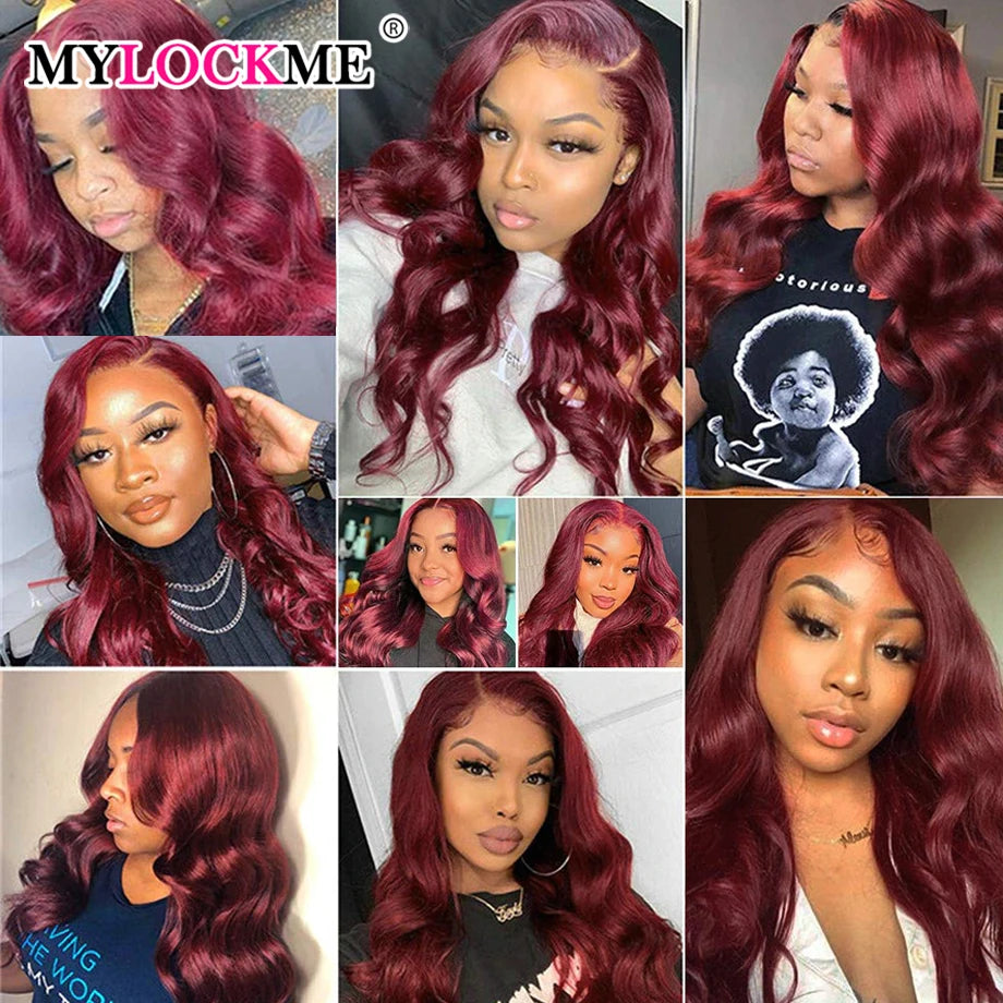 99J Burgundy Lace Front Wigs Human Hair Body Wave 13x4 13X6 HD Transparent Lace Front Wigs Human Hair Colored 180 Density