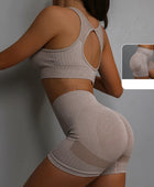 2pcs Yoga Sets Womens Outfits Peach Hip Lifting Suit Neck Hanging Sports Bra Shockproof Quick Drying Shorts Set Female Tracksuit Khaki / S-M - IHavePaws