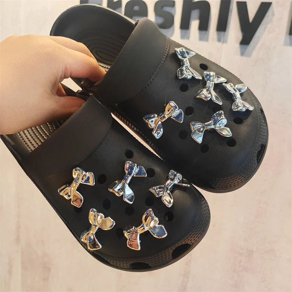 DIY Stylish Silver Bow Shoe Charms for Crocs Clogs Slides Sandals Garden Shoes Decorations Charm Set Accessories Kids Gifts D - IHavePaws