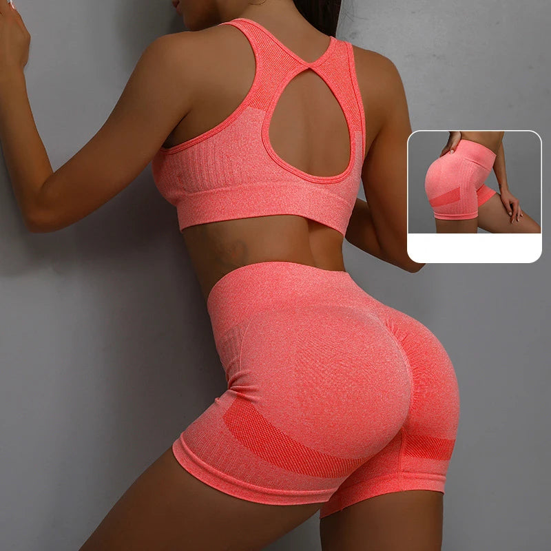 2pcs Yoga Sets Womens Outfits Peach Hip Lifting Suit Neck Hanging Sports Bra Shockproof Quick Drying Shorts Set Female Tracksuit Red / S-M - IHavePaws