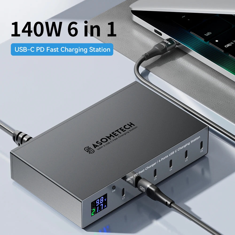 140W 6 Ports PD Fast Charger 30W Multi USB-C Fast Charging Station with LED Display for IPhone 14 13 Pro Max Samsung Xiaomi Ipad