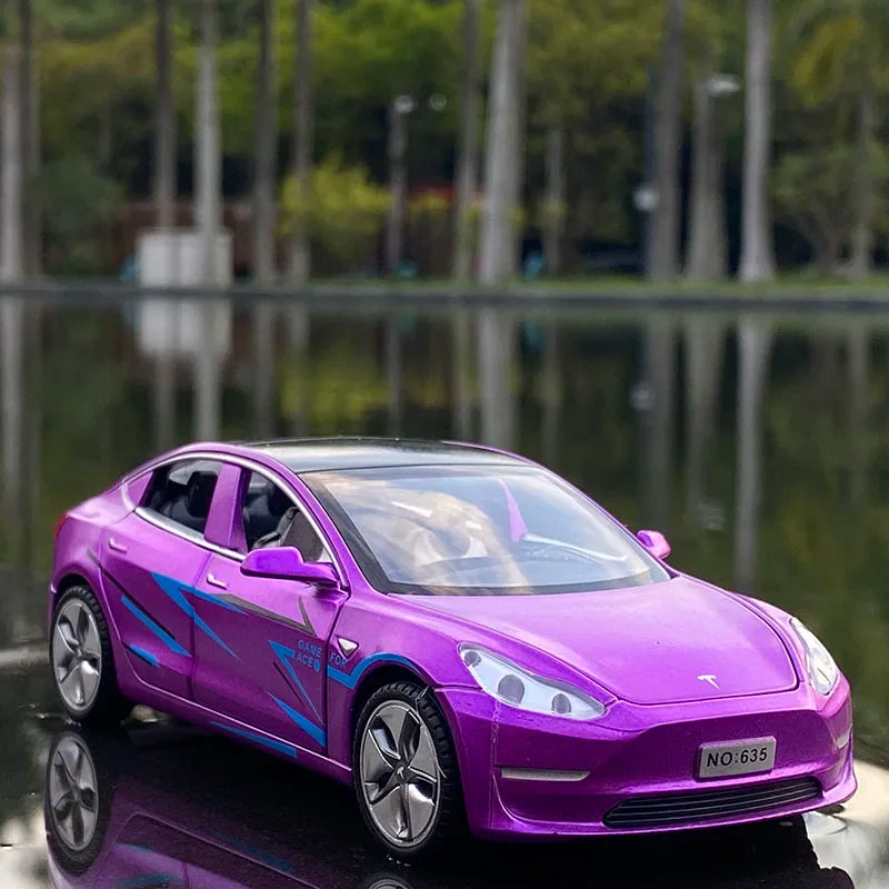 1:32 Tesla Model 3 Alloy Car Model Diecast Metal Vehicle Car Model High Simulation Sound and Light Collection Purple - IHavePaws