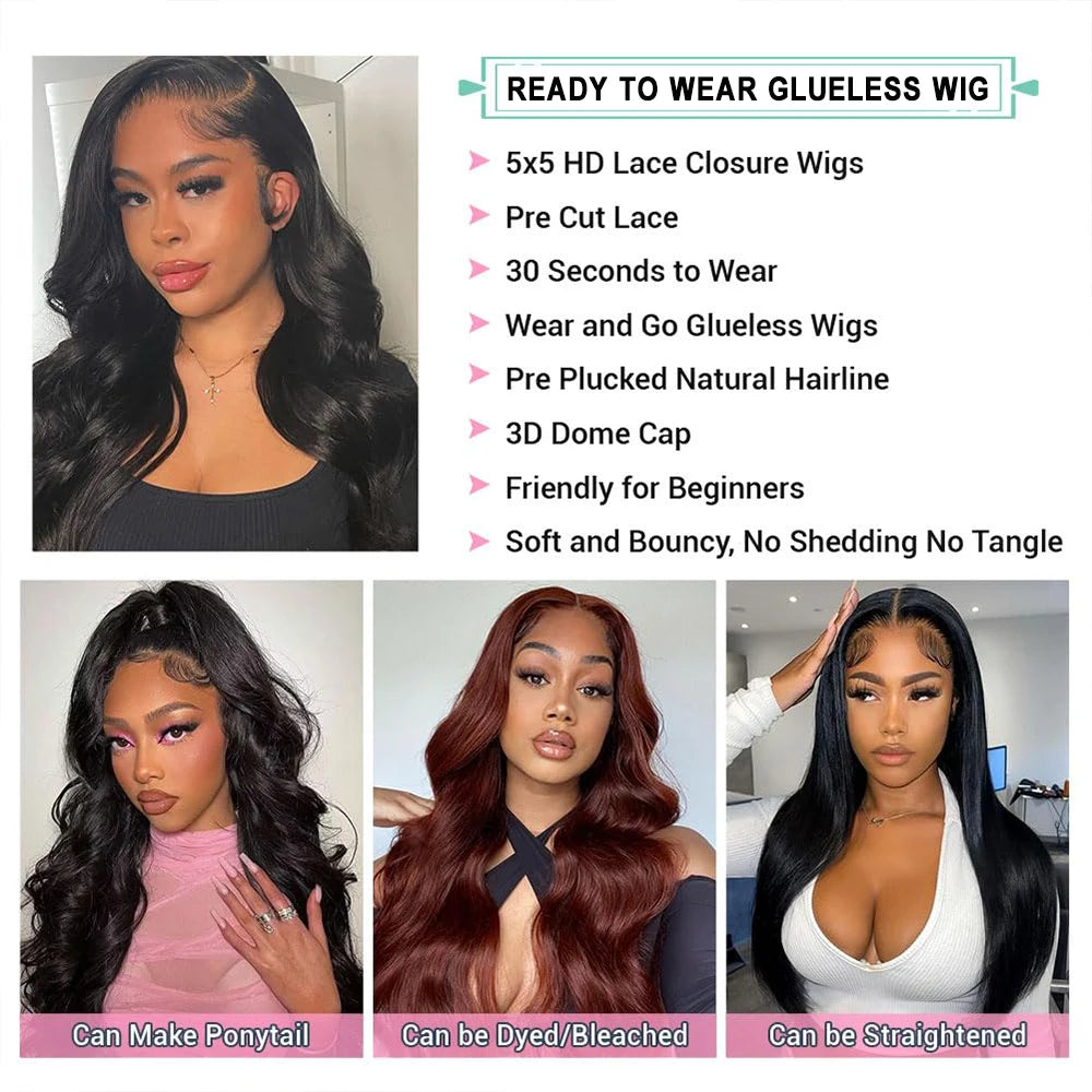 Ready To Wear 5x5 6x4 Lace Closure Wig Body Wave Glueless Wig Human Hair No Glue Pre Cut Lace Wig 180% Density