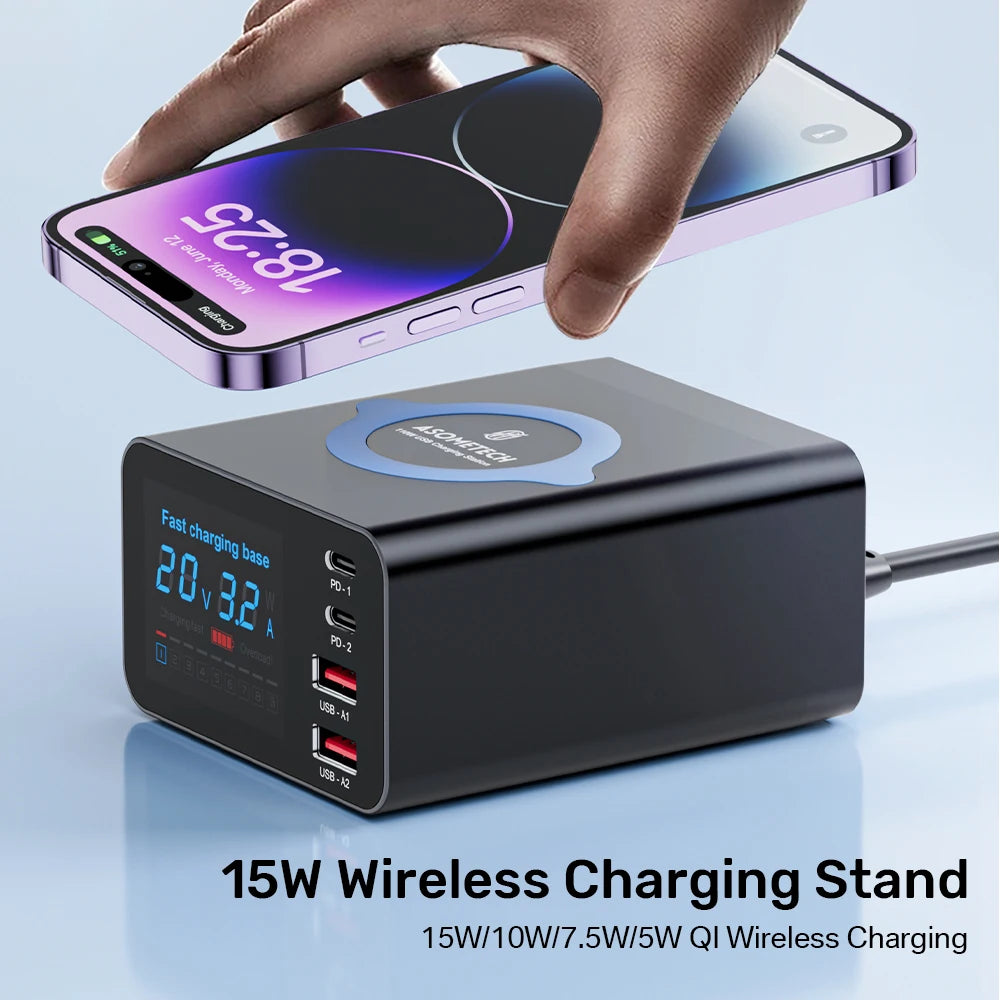 110W Type C Fast Charger Wireless Charger LCD Display 5 In 1 USB Charging Station for Laptop IPhone 14 13 12 Samsung S22 MacBook