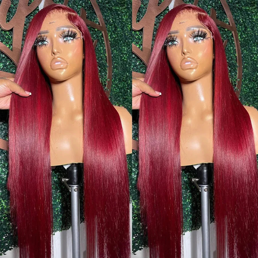 Silky Straight 99J Burgundy 13X6 HD Lace Front Human Hair Wigs 180 Density 26 28 30 Inch Red Colored Glueless Wig Pre-plucked