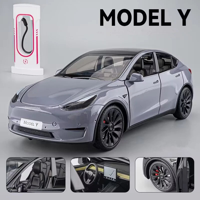 1:24 Tesla Model 3 Model Y Model X Roadster Alloy Car Model Diecast Metal Toy Vehicles Car Model Simulation Sound and Light Model Y gray - IHavePaws