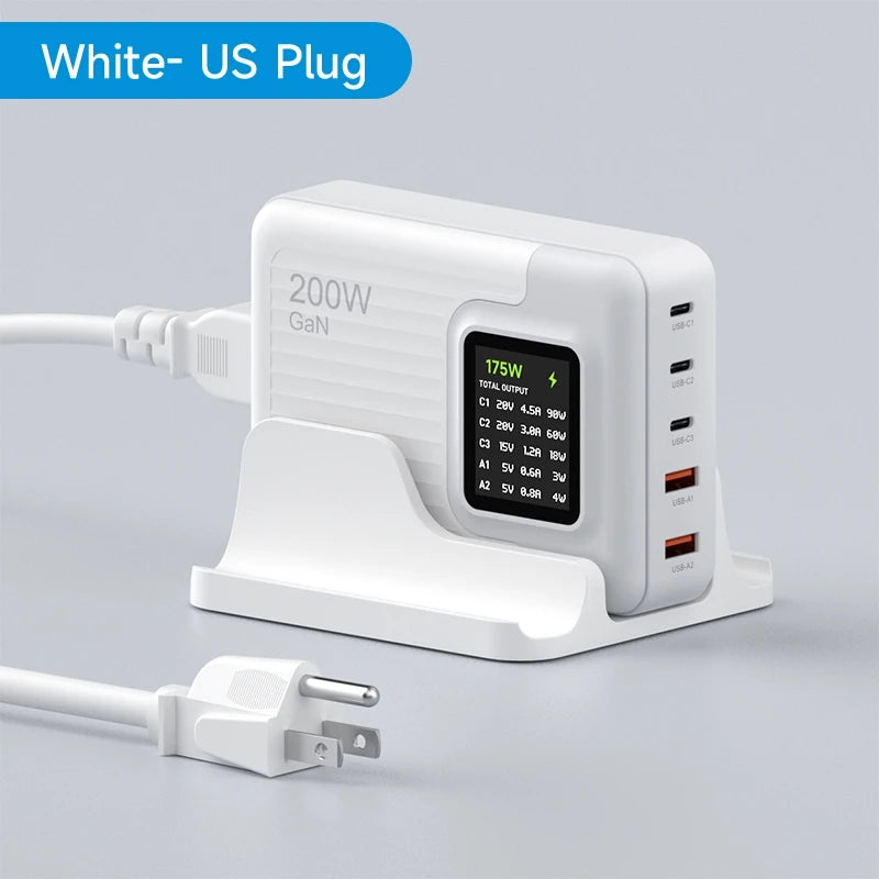 Hagibis 200W USB C Charger 5 Ports GaN Desktop Charger with LCD Display Fast Charging Station For MacBook Pro Air iPad iPhone 15 White-US Plug - IHavePaws