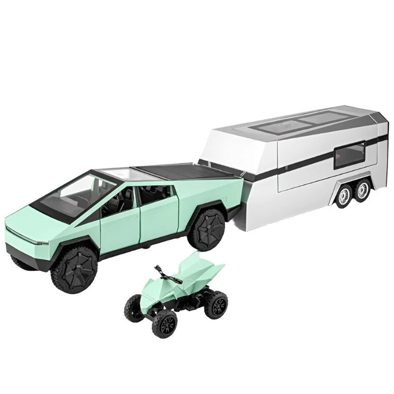 1/32 Tesla Cybertruck Pickup Trailer Alloy Car Model Diecasts Metal Off-road Vehicles Truck Model Green with motorbike - IHavePaws