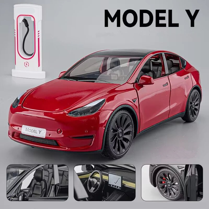 1:24 Tesla Model 3 Model Y Model X Roadster Alloy Car Model Diecast Metal Toy Vehicles Car Model Simulation Sound and Light Model Y red - IHavePaws