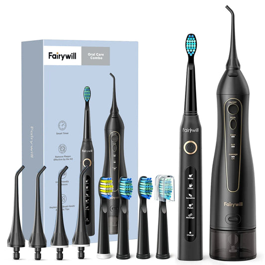 Fairywill Water Dental Flosser Teeth Portable Cordless USB Oral Irrigator Cleaner IPX7 Waterproof Electric Toothbrush Set Home 5020E-507Black - IHavePaws