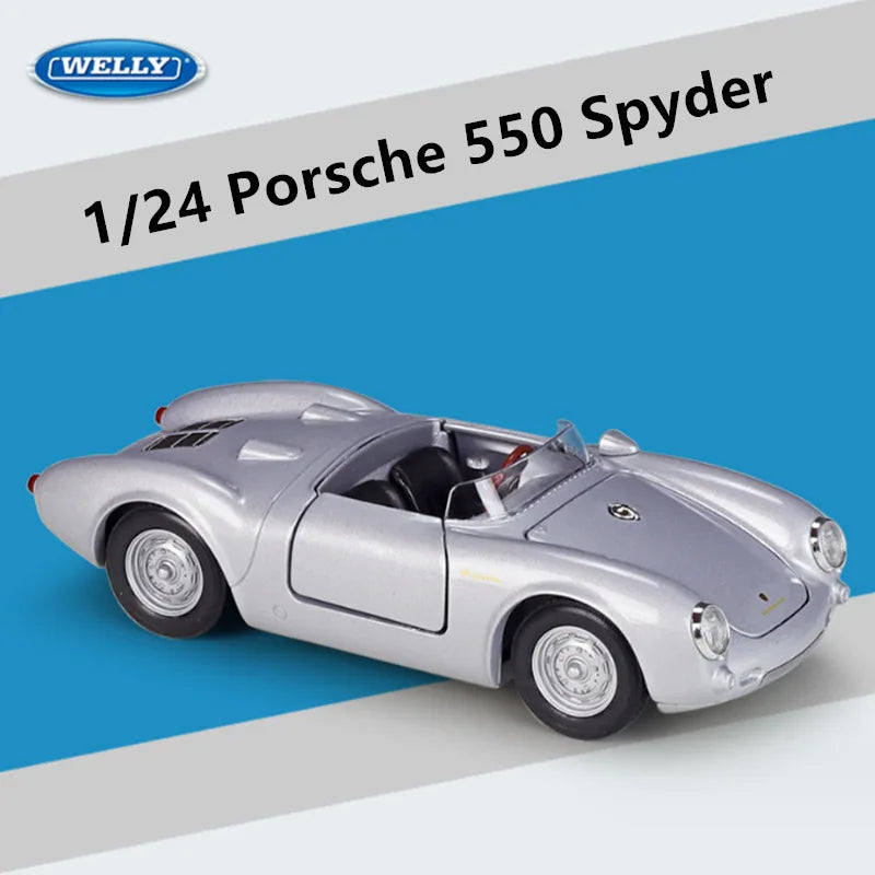 WELLY 1:24 Porsche 550 Spyder Alloy Classic Car Model Diecast Metal Toy Vehicles Car Model Simulation Collection Childrens Gifts Silvery - IHavePaws