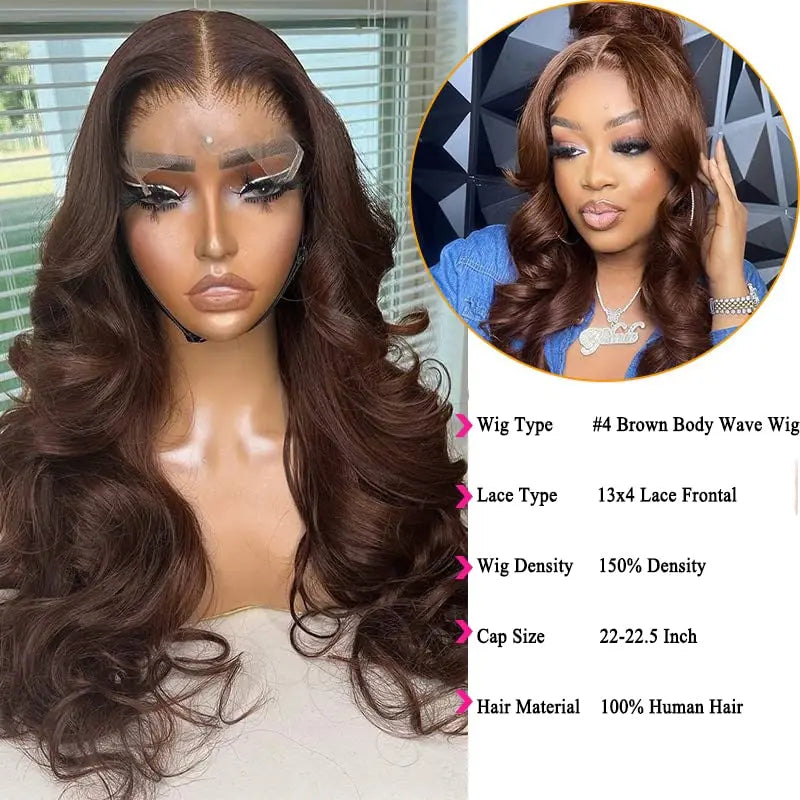 HD Chocolate Brown 13X4 Body Wave Lace Front Wig 28 30 32 Inch Brazlian Human Hair Wigs Dark Brown Transparent Lace Frontal Wig