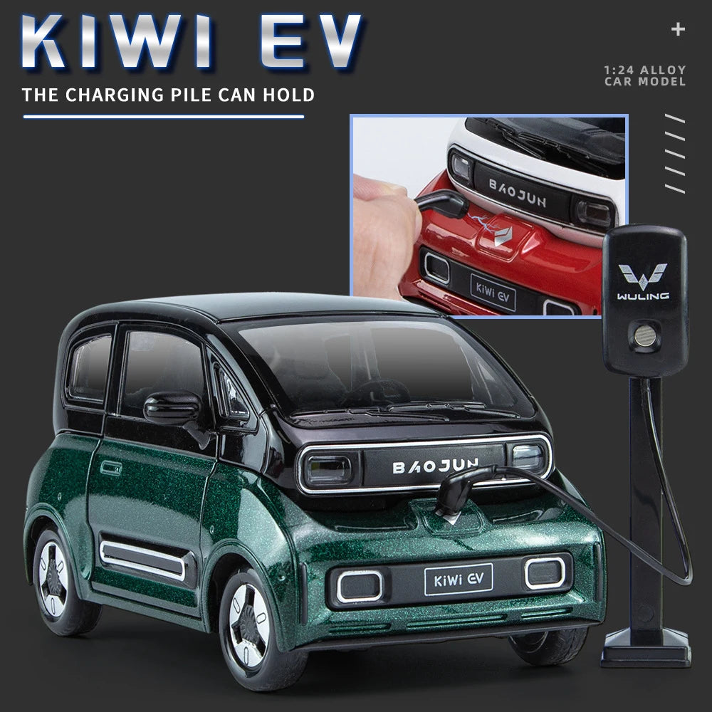 1:24 BAOJUN MINI EV Alloy New Energy Car Model Diecast Metal Toy Vehicles Car Model With Charging Pile Sound and Light Kids Gift