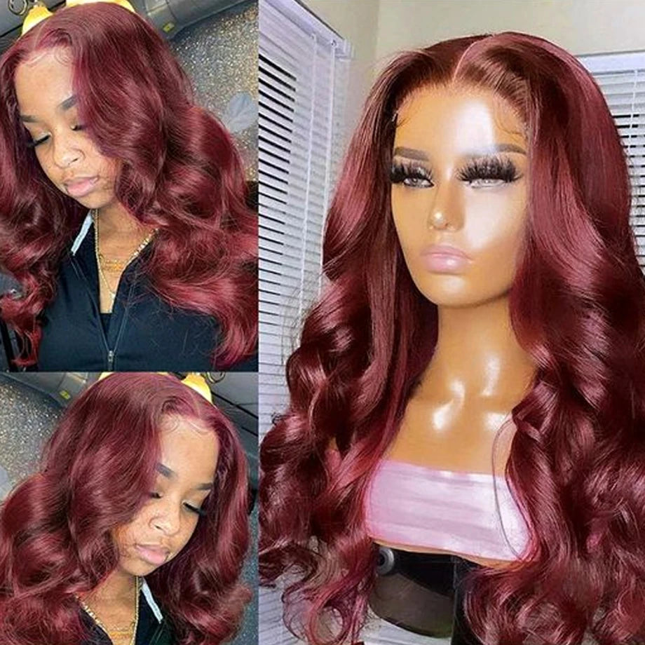 99J Burgundy Body Wave Lace Front Wigs Human Hair 13x4 13x6 HD Transparent Frontal Wigs Human Hair Pre Plucked for Women 180%