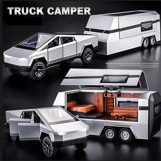 1/24 Cybers Truck Pickup Trailer Alloy Car Model Diecasts Metal Camper Van Motorhome Touring Car Model Sound Light Kids Toy Gift