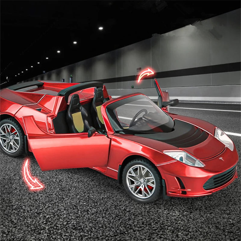 1:24 Tesla Roadster Convertible Alloy Sports Car Model Diecasts Metal Racing Car Model Simulation Sound and Light Kids Toy Gifts - IHavePaws