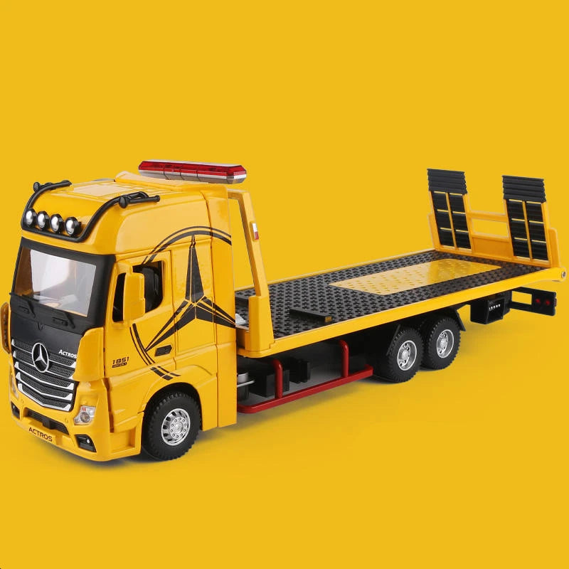 New Alloy Large Size Deck Flatbed Trailer Model Metal Heavy Semi Trailer Transport Vehicle Truck Car Model Sound Light Kids Gift Yellow - IHavePaws