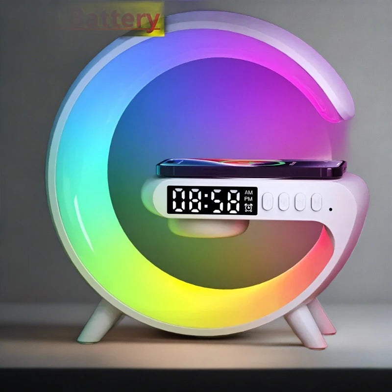 Wireless Charger Pad Stand Speaker with RGB Night Light and Alarm Clock White - IHavePaws