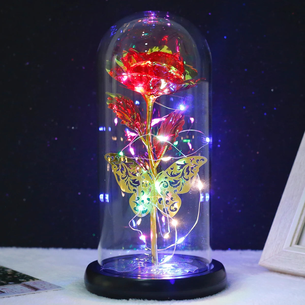 Rose Light Artificial Galaxy Rose Lamp with Butterfly LED Red - IHavePaws