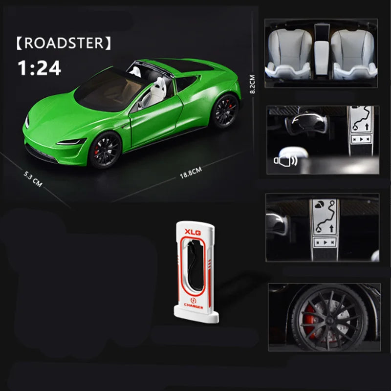 1:24 Tesla Model 3 Model Y Model X Roadster Alloy Car Model Diecast Metal Toy Vehicles Car Model Simulation Sound and Light Roadster green - IHavePaws