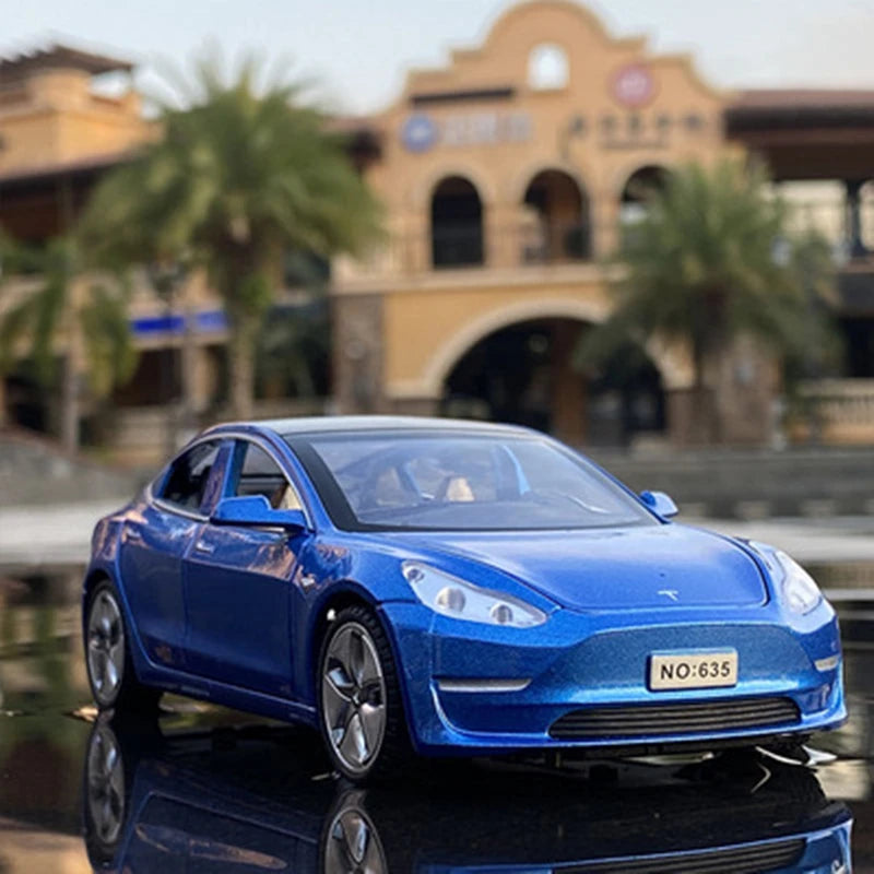 1:32 Tesla Model 3 Alloy Car Model Diecast Metal Vehicle Car Model High Simulation Sound and Light Collection Blue - IHavePaws
