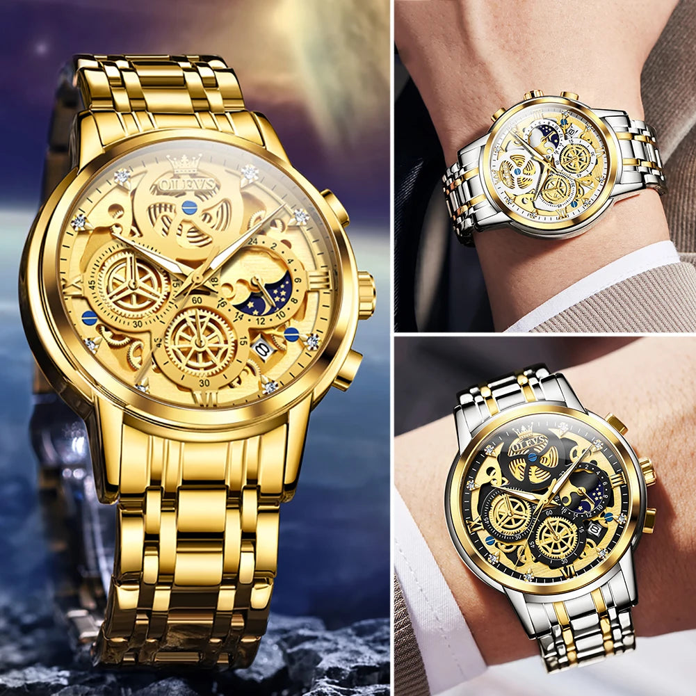 OLEVS Men's Watches Top Brand Luxury Original Waterproof Watch for Man Gold Skeleton Style - ihavepaws.com
