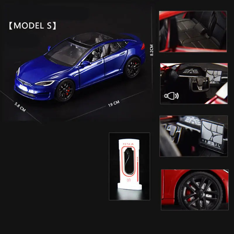 1:24 Tesla Model 3 Model Y Model X Roadster Alloy Car Model Diecast Metal Toy Vehicles Car Model Simulation Sound and Light Model S blue - IHavePaws