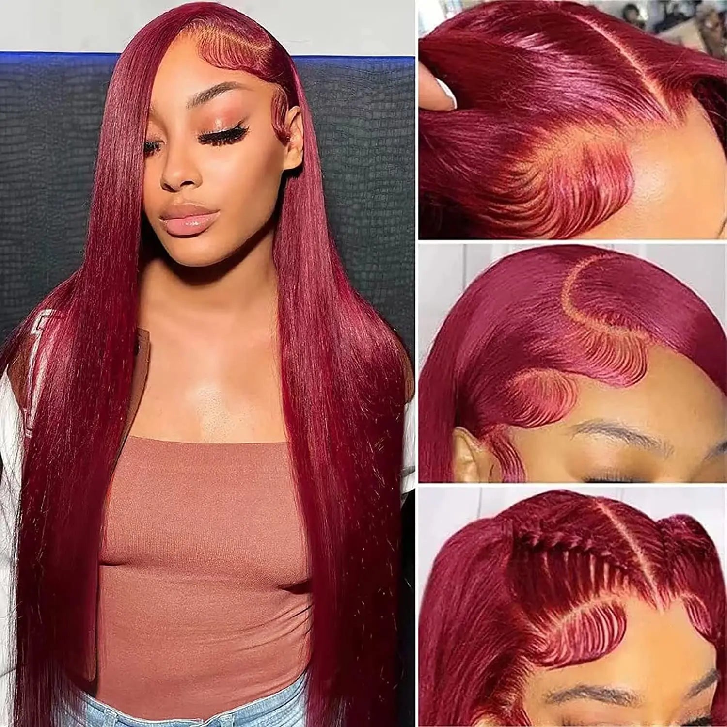 Silky Straight 99J Burgundy 13X6 HD Lace Front Human Hair Wigs 180 Density 26 28 30 Inch Red Colored Glueless Wig Pre-plucked